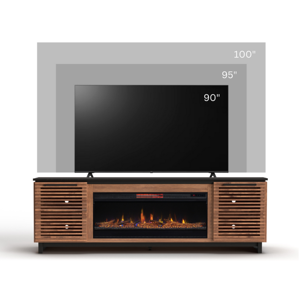 86" Fireplace TV Stand Console, Fits TVs up to 100", Black Frame with Bourbon Wood Finish – Cuddlewood