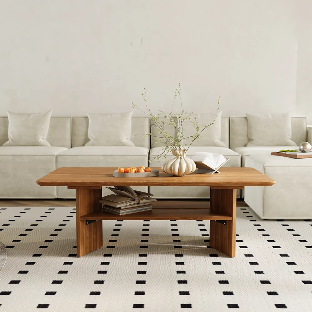 Cuddlewood 47.24" Mid-Century Modern Ratten Walnut Color Coffee Table with Storage