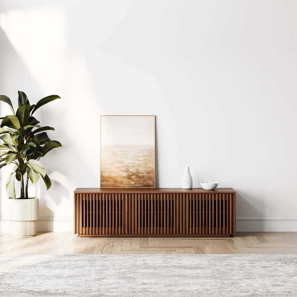 Cuddlewood Modern Wood TV Stand wish Vertical Slatted Design Made Stylish