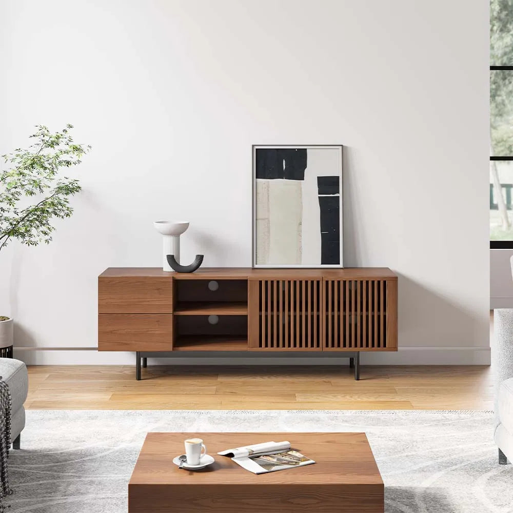 Cuddlewood Mid-Century Modern TV Stand wish Vertical Slatted Design Made Stylish