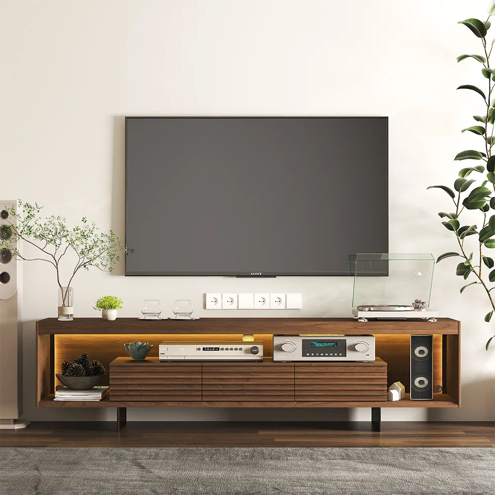 Cuddlewood Mid-Century Modern TV Stand with 3 Drawers and Open Shelves