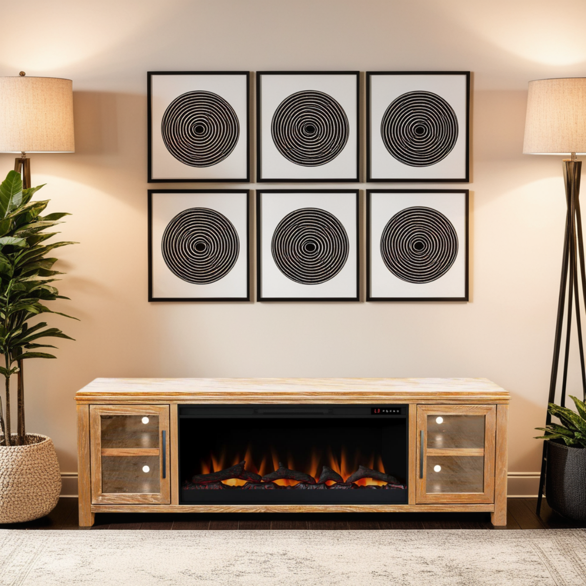 86" Electric Fireplace TV Console, Fits TVs up to 95", Natural Wood Finish, Modern Media Storage – Cuddlewood