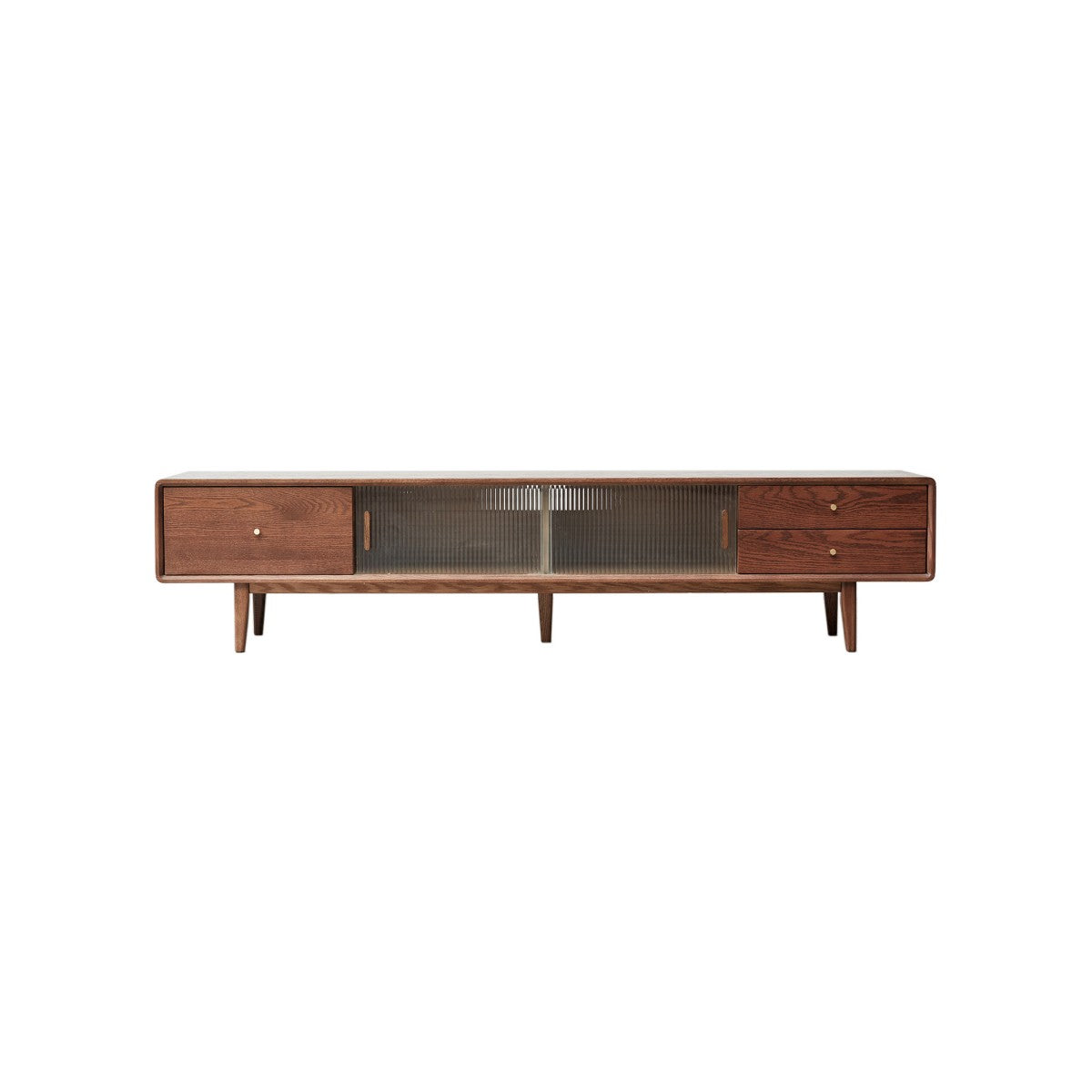 Solid Red Oak TV Cabinet, Walnut Finish, A-Grade North American Wood with Glass Doors & 2 Drawers – Cuddlewood
