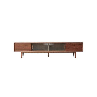 Solid Red Oak TV Cabinet, Walnut Finish, A-Grade North American Wood with Glass Doors & 2 Drawers – Cuddlewood
