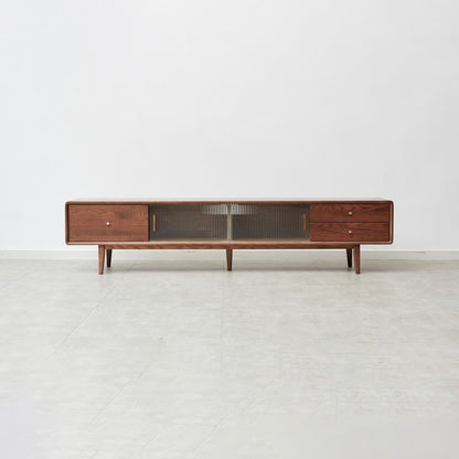 Solid Red Oak TV Cabinet, Walnut Finish, A-Grade North American Wood with Glass Doors & 2 Drawers – Cuddlewood