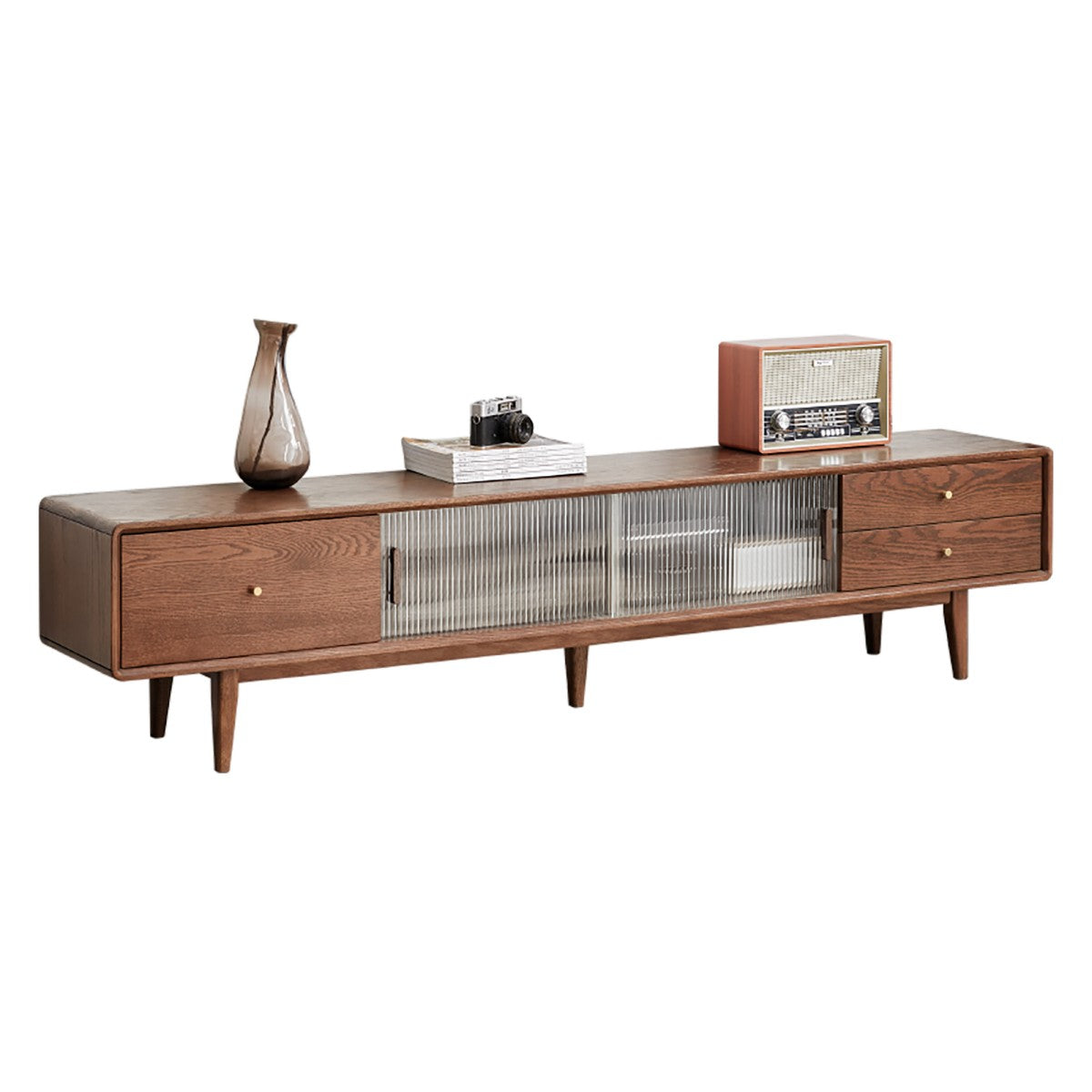 Solid Red Oak TV Cabinet, Walnut Finish, A-Grade North American Wood with Glass Doors & 2 Drawers – Cuddlewood