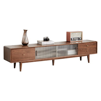 Solid Red Oak TV Cabinet, Walnut Finish, A-Grade North American Wood with Glass Doors & 2 Drawers – Cuddlewood