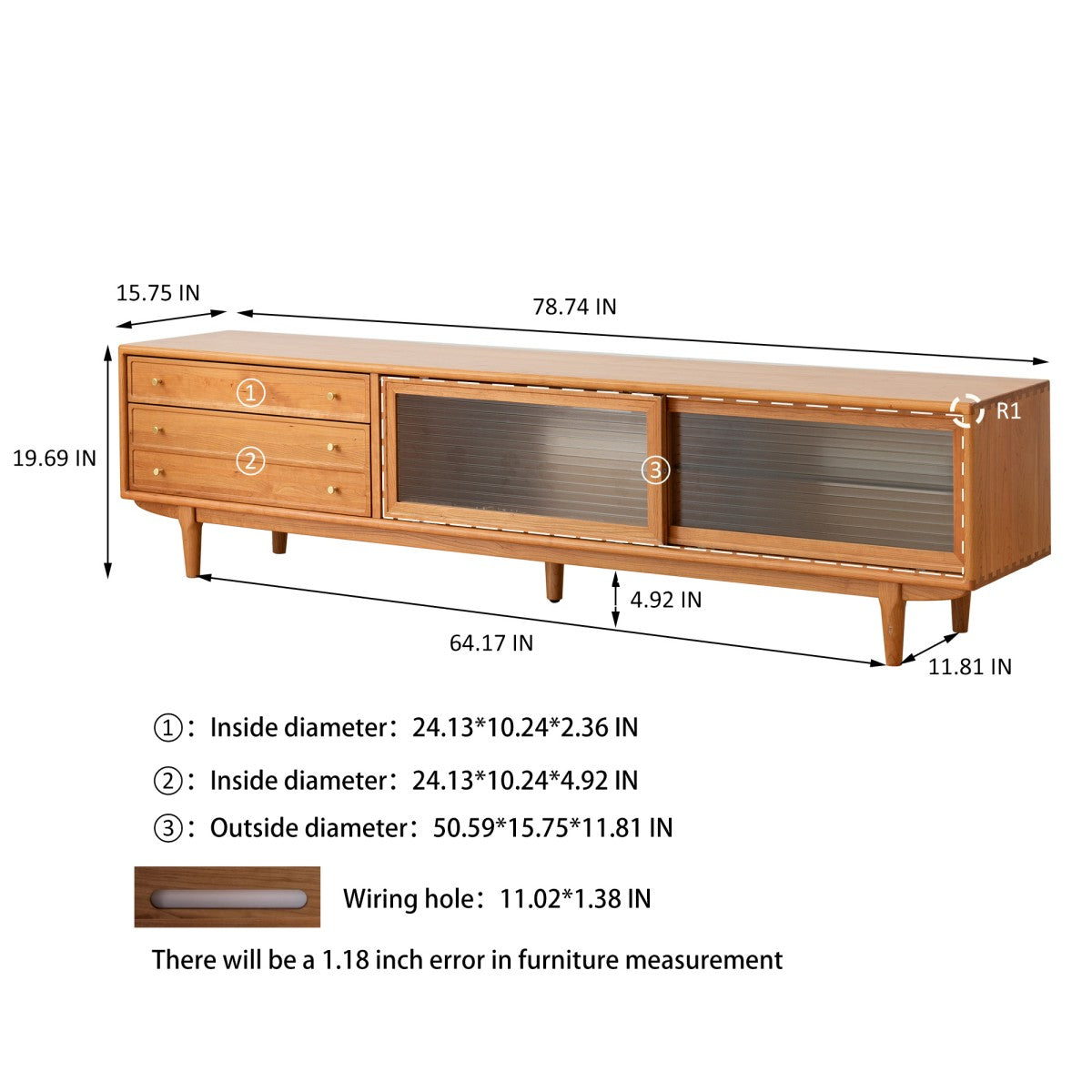 Solid Cherry Wood TV Cabinet, FAS Grade North American Wood with Glass Doors & 2 Storage Drawers – Cuddlewood